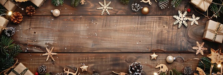 Wall Mural - Create a festive Christmas border with pine cones and stars on a wooden background to bring holiday cheer to your decorations and add a warm touch to your home, giving it an inviting and cozy feel