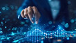 © Stefan - Businessman touching 3D blue futuristic holographic charts or graphs with growth and declines financial analytic investment displayed on high technology hologram, money statistic digital stock market.