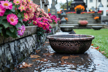 A large, ornate bowl sits on a wet sidewalk next to a wall of flowers