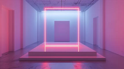 A modern art space with a glowing neon frame. The minimalist design combines vibrant colors and geometric shapes, creating a surreal atmosphere.