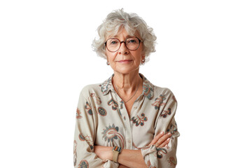 senior woman in casual attire with arms crossed isolated on white background