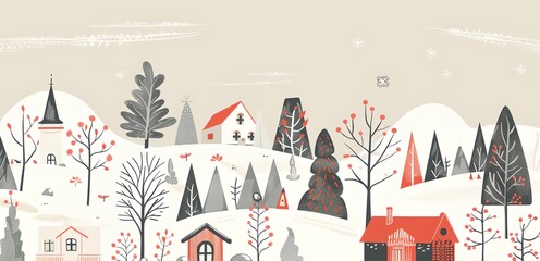 Wall Mural - A winter scene with houses and trees. The houses are red and white. The trees are bare and the sky is gray