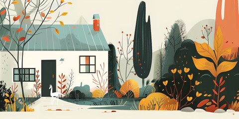 Wall Mural - A house with a dog in front of it. The house is white and has a blue roof