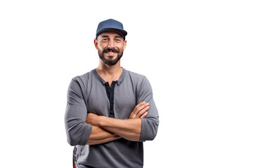 Aufkleber - Queer man in business attire holding a laptop and smiling Isolated on white background