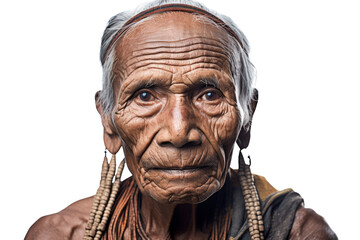 Wall Mural - Portrait of Daine Tribe elder in traditional clothing isolated on white background