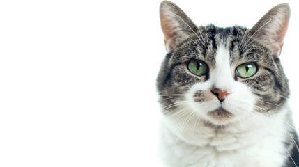 Wall Mural - Green eyed cat or kitten with sad expression suitable for social media or ads White background with space for text