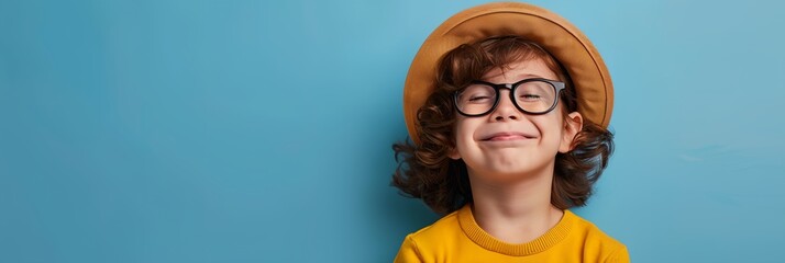 Wall Mural - A young girl with glasses and a straw hat is smiling at the camera. Concept of innocence and playfulness, as the child appears to be enjoying herself