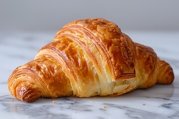 Wall Mural - A croissant is sitting on a marble countertop. The croissant is golden brown and has a slightly crispy texture