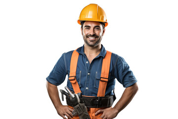 Male construction worker with safety helmet and tool belt smiling Isolated on white background