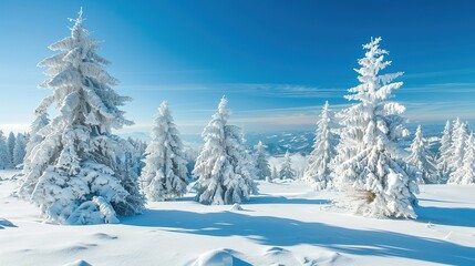 Snow-Covered Evergreen Trees on a Sunny Winter Day