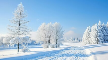 Poster - snow covered trees and path in a winter landscape