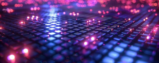 Poster - Abstract futuristic neon light grid pattern in purple and blue hues. Ideal for technology, digital, or cyber-themed projects.