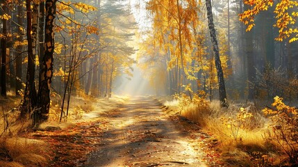 Wall Mural - Sunlit Path Through Autumn Forest With Golden Leaves