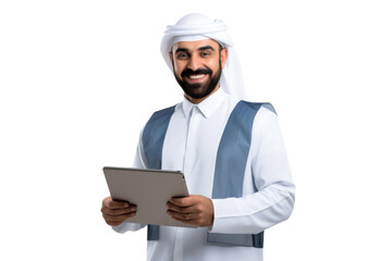 Young Middle Eastern builder in uniform using a tablet Isolated on white background