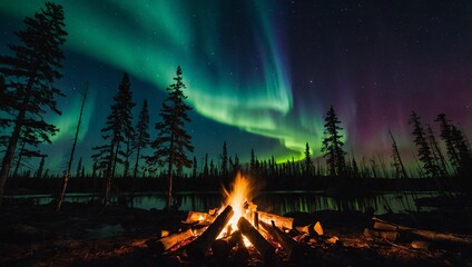 Wall Mural - Wilderness campfire with silhouetted forest and Northern Lights lighting the sky