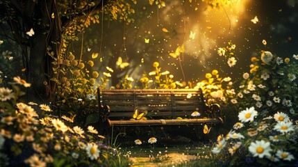 Enchanting Garden Oasis Tranquil Bench Surrounded by Daisies and Butterflies