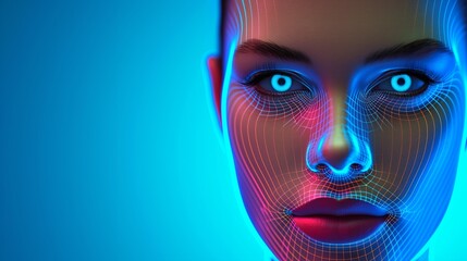 Poster - A woman's face is shown in a blue background with a lot of lines and dots. The image is of a woman's face with a lot of detail and a futuristic look