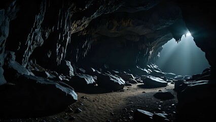 A narrow cave opening with a beam of light shining through.