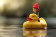 © SANA - A delightful scene of a cute yellow rubber duck floating serenely in water, with a small figurine of a boy wearing a red hat perched playfully on its head