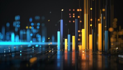 background of digital bar charts glowing in blue and yellow