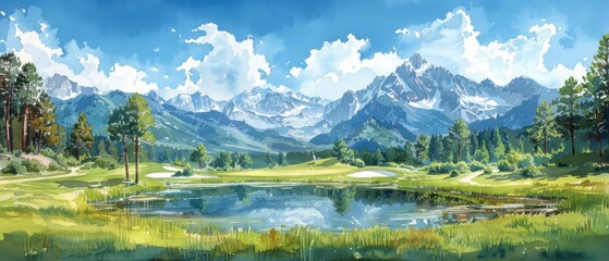 Wall Mural - Watercolor painting of a picturesque golf course with rolling greens