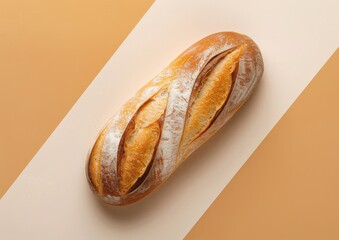 A single loaf of artisan bread placed diagonally on a two-tone geometric background.