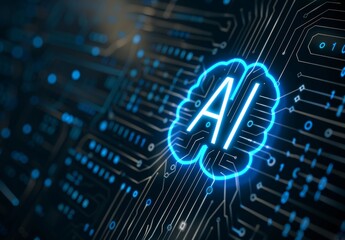 blue background with an illustration of the human brain made up of circuit boards and binary code