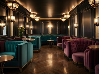 Wall Mural - Art Deco cocktail lounge with velvet banquettes , generative AI