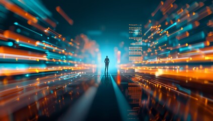 A business man stands on the road, surrounded by blue and orange light beams.