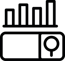 Poster - Black outline icon representing data analysis, featuring a bar chart with a magnifying glass