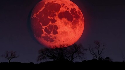 Poster - This bright, red moon hangs above a dark silhouette of trees against a purple night sky.