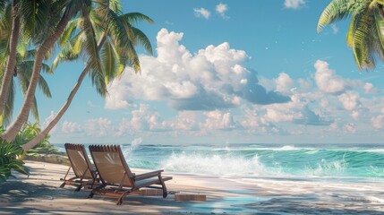 Wall Mural - Paradise Found Tranquil Beach Escape with Palm Trees Lounge Chairs and Gentle Waves Ideal for Vacation and Relaxation