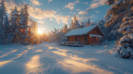 Poster - A Cozy Log Cabin Nestled In A Snowy Forest At Sunset