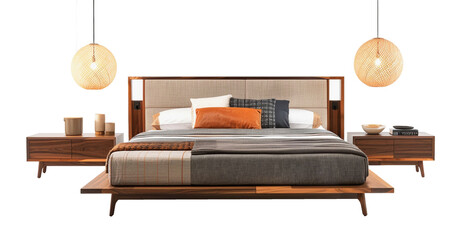 Wall Mural - A modern bedroom furniture set with a low platform bed, nightstands, and dresser, downlight, isolated on a transparent background.