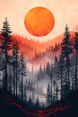 Poster - Large Orange Sun Setting Over Misty Forest Valley