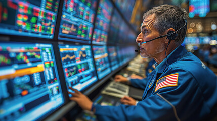 Poster - Advanced trading floor setup with numerous screens presenting live financial market data, emphasizing real-time trading and financial insights.