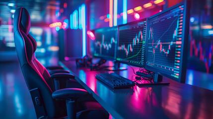 Poster - High-tech trading floor featuring multiple monitors with live financial market data, ideal for illustrating real-time trading and financial analysis.
