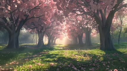 Wall Mural - A tranquil spring morning, dappled sunlight through blossoming cherry trees, perfect for serene presentations.