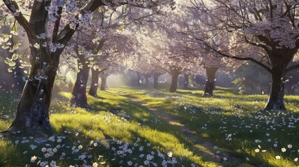 Canvas Print - A tranquil spring morning, dappled sunlight through blossoming cherry trees, perfect for serene presentations.