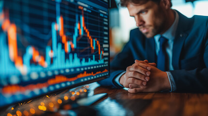 Poster - Businessman displaying a plummeting financial graph chart, symbolizing economic collapse, global recession, and financial crisis.