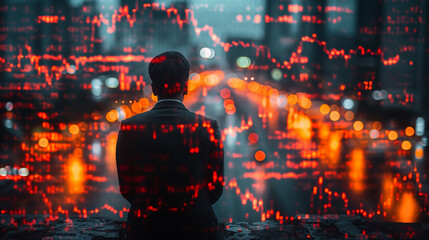 Poster - Businessman displaying a plummeting financial graph chart, symbolizing economic collapse, global recession, and financial crisis.