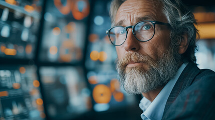 Wall Mural - A man with glasses and a beard looking at a computer screen. Concept of focus and concentration as the man stares at the screen