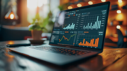 Poster - A laptop is open to a screen displaying a graph of stock prices. The laptop is on a wooden table in a room with a potted plant nearby