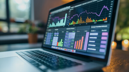 Poster - A laptop displaying a graph with a purple line. The graph is showing a downward trend. The laptop is open on a table