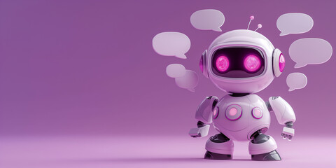 Poster - Cute robot thinking with empty speech bubbles on purple background