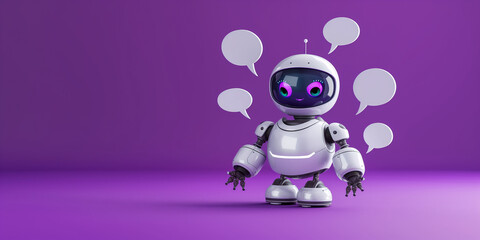 Aufkleber - Cute white robot chatting with speech bubbles on purple background