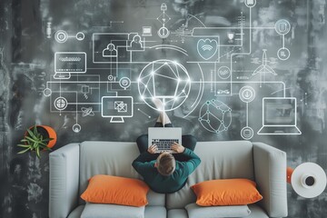 Leinwandbilder - In a hightech home office, a technology enthusiast sits on a couch with a laptop, surrounded by digital network graphics, creating a stylish and innovative workspace for remote work