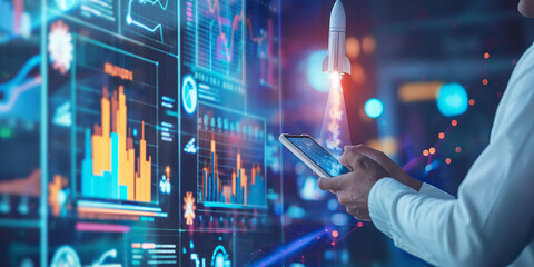 Poster - Businessman launching business startup with rocket and graphs