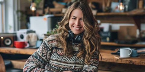 Poster - Young woman smiling wearing headphones sitting at desk in home office