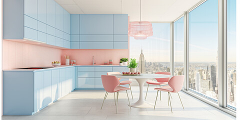 Poster - Modern pastel blue and pink kitchen in a skyscraper overlooking new york city